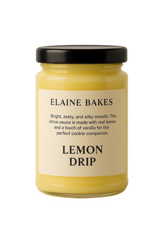Jar of lemon drip sauce with a label on a beige background