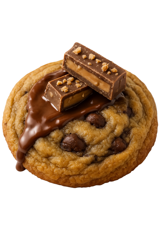 Chocolate chip cookie with chocolate sauce and candy bars on a white background